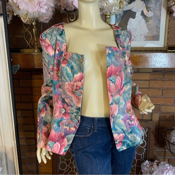 VINTAGE 1990'S NAH NAH COLLECTION FLORAL PRINT BROCADE BLAZER (14) - Picture 5 of 14